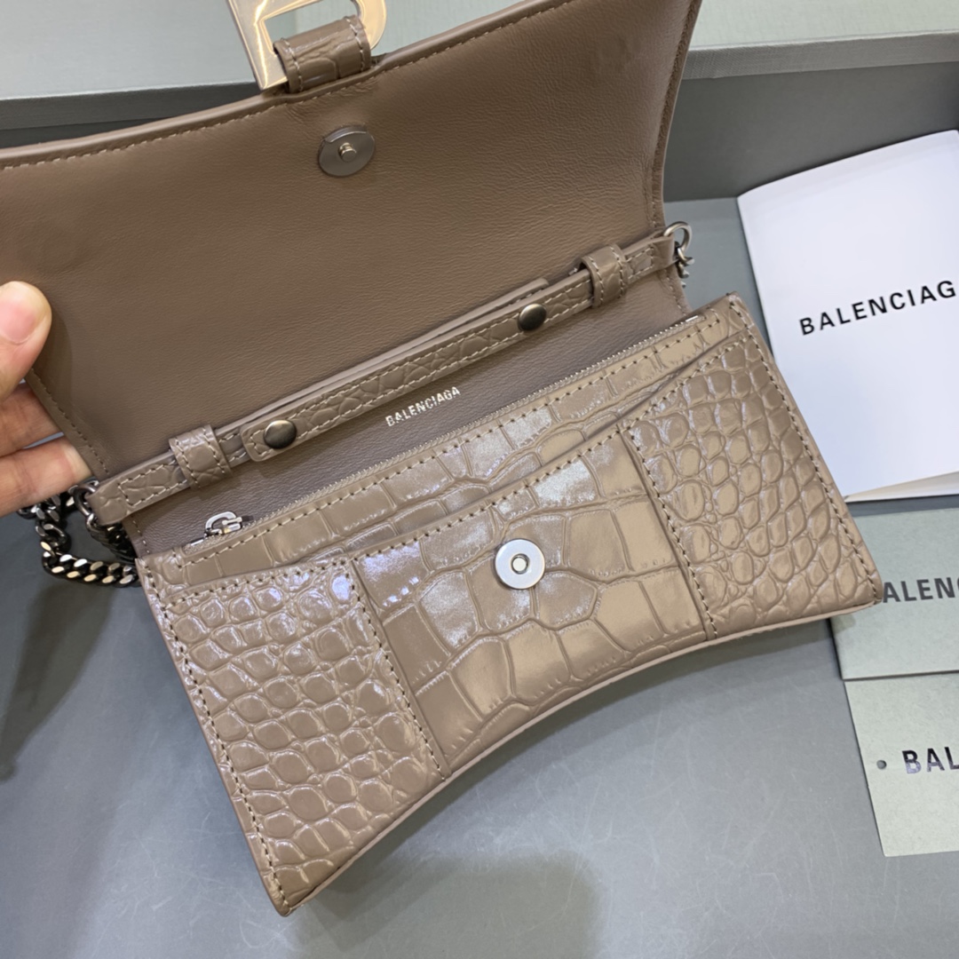 Balenciaga Small Hourglass Wallet With Chain Crocodile Embossed Shoulder Bag Khaki